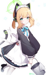 Rule 34 | 1girl, absurdres, animal ear headphones, animal ears, apron, blonde hair, blue archive, bucket, cat ear headphones, fake animal ears, fake tail, green eyes, green halo, halo, headphones, highres, holding, holding bucket, long sleeves, looking at viewer, maid, maid apron, maid headdress, midori (blue archive), midori (maid) (blue archive), official alternate costume, poinia, short hair, simple background, solo, tail, white background