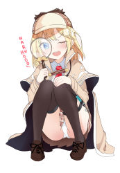 Rule 34 | 1girl, ;d, beige capelet, black thighhighs, blonde hair, brown footwear, capelet, deerstalker, full body, hair ornament, hat, holding, holding magnifying glass, hololive, hololive english, itamochi, long sleeves, looking at viewer, magnifying glass, medium hair, one eye closed, open mouth, panties, pantyshot, plaid, plaid skirt, pleated skirt, romaji text, shoes, simple background, skirt, smile, solo, squatting, syringe, syringe holster, thigh strap, thighhighs, underwear, upskirt, virtual youtuber, watson amelia, white background, white panties