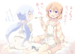 Rule 34 | 2girls, aosora neko, artist name, ass, bad id, bad pixiv id, barefoot, bed sheet, blush, buttons, closed eyes, collarbone, commentary request, dated, dress, feeding, flat chest, food, from behind, gochuumon wa usagi desu ka?, hair between eyes, holding, holding spoon, hood, hooded jacket, hoto cocoa, jacket, kafuu chino, leg warmers, long hair, long sleeves, looking at another, multiple girls, open mouth, orange hair, purple eyes, shirt, shorts, sidelocks, signature, sitting, soles, spoon, striped clothes, striped jacket, toes, translation request, twintails, wariza, wavy mouth, white background, white dress, white shirt, white shorts