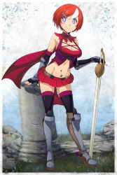 Rule 34 | 1girl, armor, bat wings, boots, borrowed character, breasts, broken, cape, chuunioniika, cleavage, cleavage cutout, clothing cutout, contrapposto, destruction, hair ornament, hairclip, heart, highres, knee boots, large breasts, looking at viewer, midriff, navel piercing, orange hair, piercing, pillar, purple eyes, short hair, skirt, smile, solo, standing, sword, symbol-shaped pupils, thighhighs, vambraces, venus (lederhozen), weapon, white hair, wings, zettai ryouiki