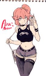 Rule 34 | 1girl, aina ardebit, asymmetrical legwear, bae (baebae), blue eyes, bracelet, breasts, cellphone, choker, highres, holding strap, jewelry, large breasts, midriff, phone, pink hair, promare, shorts, side ponytail, smartphone, smile, solo, thighhighs, uneven legwear