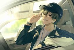 Rule 34 | 1boy, adjusting eyewear, amon (lord of the mysteries), black eyes, black hair, bracelet, car, car interior, car seat, chinese commentary, commentary request, hat, highres, jacket, jewelry, looking at viewer, lord of the mysteries, monocle, motor vehicle, shirt, short hair, smile, solo, t-shirt, teeth, tree, white shirt, window, yumaomao2056