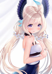 Rule 34 | black choker, black skirt, blonde hair, blush, breasts, camisole, choker, enna alouette, flower, from side, fur choker, hair flower, hair ornament, head wings, highres, looking at viewer, low twintails, nijisanji, nijisanji en, skirt, small breasts, smile, solo, tongue, tongue out, twintails, virtual youtuber, white camisole, white flower, wings, zzz (zzz00166403zzz)