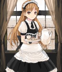 Rule 34 | 1girl, :|, apron, ascot, bad drawr id, bad id, black ascot, black bow, black vest, bow, brown eyes, building, character request, closed mouth, collared dress, copyright request, curtains, day, dress, dress bow, holding, holding teapot, holding tray, indoors, light brown hair, long hair, looking at viewer, maid, maid headdress, oekaki, puffy short sleeves, puffy sleeves, short sleeves, solo, standing, suya000, teapot, tray, vest, white apron, white dress, window, wrist cuffs