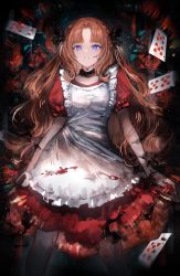 Rule 34 | 1girl, apron, arms at sides, blood, blood on face, blue eyes, card, collar, collarbone, commentary, cowboy shot, dark background, dress, english commentary, frilled apron, frills, gawako, highres, long hair, looking at viewer, nail polish, orange hair, original, parted bangs, parted lips, playing card, puffy short sleeves, puffy sleeves, red dress, red nails, short sleeves, solo, standing, white apron