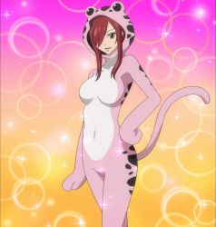 Rule 34 | 1girl, animal costume, breasts, costume, erza scarlet, fairy tail, frog costume, highres, legs, red hair, screencap, solo, stitched, tail, third-party edit