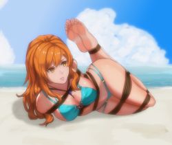 Rule 34 | 1girl, arched back, ass, barefoot, bdsm, beach, bikini, bondage, bra, breasts, cleavage, cloud, cloudy sky, curvy, earrings, feet, from side, grass, hair ornament, highres, large breasts, long hair, lying, mountain, nami (one piece), ocean, one piece, orange eyes, orange hair, outdoors, sky, soles, solo, swimsuit, thick thighs, thighs, toes, underwear, wide hips
