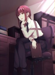 Rule 34 | 1girl, black necktie, black pants, braid, braided ponytail, breasts, chainsaw man, collared shirt, crossed legs, formal, highres, indoors, long hair, long sleeves, makima (chainsaw man), medium breasts, necktie, office lady, pants, raimone26, red hair, ringed eyes, shirt, sitting, solo, white shirt, yellow eyes