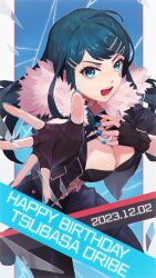 Rule 34 | 1girl, alternate costume, blue eyes, blue hair, blue nails, breasts, cleavage, fingerless gloves, fire emblem, gloves, hair ornament, hairpin, hand on own chest, happy birthday, highres, jacket, large breasts, long hair, looking at viewer, monohoshisao, nail polish, nintendo, open clothes, open jacket, open mouth, oribe tsubasa, pants, reaching, reaching towards viewer, smile, solo, tokyo mirage sessions fe
