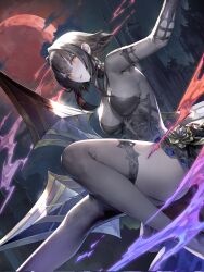 Rule 34 | 1girl, armpits, black hair, breasts, castle, character request, colored skin, commentary, copyright request, dress, english commentary, full moon, grey skin, grey thighhighs, hair intakes, highres, jewelry, jung wonjo, large breasts, looking at viewer, moon, night, night sky, parted lips, red moon, short hair, sideboob, sidelocks, sky, solo, thighhighs, thighs, weapon, yellow eyes