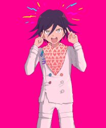 Rule 34 | 1boy, :d, black hair, buttons, cowboy shot, danganronpa (series), danganronpa v3: killing harmony, double-breasted, hands up, heart, heart print, highres, index finger raised, jacket, multicolored hair, open mouth, oma kokichi, pants, pink background, pink eyes, pink scarf, purple hair, scarf, short hair, siawasejiji, simple background, smile, solo, teeth, two-tone hair, two-tone scarf, upper teeth only, white jacket, white pants