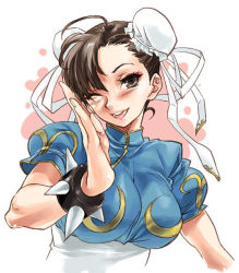 Rule 34 | 1girl, bracelet, brown eyes, brown hair, bun cover, capcom, china dress, chinese clothes, chun-li, double bun, dress, jewelry, one eye closed, sash, solo, spiked bracelet, spikes, street fighter, wink
