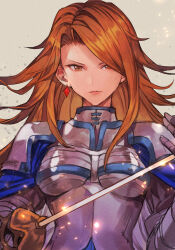 Rule 34 | 1girl, armor, blue cape, boobplate, breastplate, brown eyes, brown hair, cape, closed mouth, earrings, gauntlets, granblue fantasy, hair over one eye, holding, holding sword, holding weapon, hungry clicker, jewelry, katalina (granblue fantasy), long hair, looking at viewer, rapier, simple background, smile, solo, sword, upper body, weapon