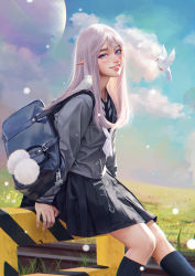 Rule 34 | 1girl, absurdres, bag, bird, cloud, cloudy sky, commentary, day, digele, elf, english commentary, feet out of frame, grass, grin, highres, kneehighs, lips, looking at viewer, original, planet, pointy ears, purple eyes, school bag, school uniform, sitting, sky, smile, socks, solo, teeth, white hair