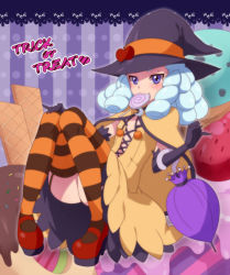 Rule 34 | 10s, 1girl, bad id, bad pixiv id, black gloves, blue eyes, blue hair, blush, candy, doughnut, dress, elbow gloves, english text, eyelashes, food, garter straps, gloves, halloween, halloween costume, happinesscharge precure!, hat, hosshiwa, lollipop, long hair, mary janes, matching hair/eyes, mogiki hayami, mouth hold, precure, shoes, solo, striped clothes, striped thighhighs, thighhighs, trick or treat, umbrella, witch, witch hat