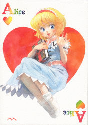 Rule 34 | 1girl, ace (playing card), ace of hearts, alice margatroid, blonde hair, blue dress, blue eyes, book, capelet, character name, dress, frilled hairband, frilled sash, frills, full body, hairband, heart, highres, holding, holding book, lolita hairband, looking at viewer, misawa hiroshi, no shoes, open mouth, painting (medium), playing card, puffy short sleeves, puffy sleeves, rainbow gradient, sash, short hair, short sleeves, smile, socks, solo, touhou, traditional media, watercolor (medium), waving