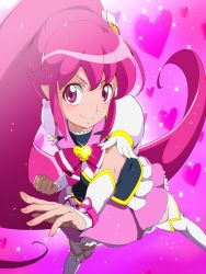 Rule 34 | 10s, 1girl, aino megumi, arm warmers, boots, bow, brooch, cure lovely, earrings, eyelashes, hair ornament, happinesscharge precure!, happy, heart, heart brooch, high heels, jewelry, long hair, looking at viewer, magical girl, pink background, pink bow, pink eyes, pink hair, pink skirt, pink theme, ponytail, precure, puffy sleeves, ribbon, shirt, skirt, smile, solo, thigh boots, thighhighs, tj-type1, white thighhighs, wide ponytail, wrist cuffs