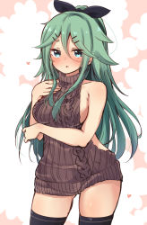 Rule 34 | 10s, 1girl, alternate costume, backless dress, backless outfit, bare back, bare shoulders, black thighhighs, blush, breasts, cowboy shot, dress, green eyes, green hair, hair between eyes, hair ornament, hair ribbon, hairclip, halterneck, highres, kantai collection, long hair, looking at viewer, meme attire, naked sweater, ponytail, ribbed sweater, ribbon, sideboob, solo, suzuki toto, sweater, sweater dress, thighhighs, turtleneck, turtleneck sweater, virgin killer sweater, yamakaze (kancolle)