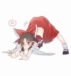 Rule 34 | 1girl, absurdres, aihara-rina, anger vein, bare shoulders, black footwear, blush, bow, brown eyes, brown hair, closed mouth, detached sleeves, hair ornament, hair tubes, hakurei reimu, highres, jack-o&#039; challenge, long sleeves, looking to the side, red bow, red shirt, red skirt, shirt, shoes, short hair, simple background, skirt, socks, solo, touhou, white background, white socks, wide sleeves