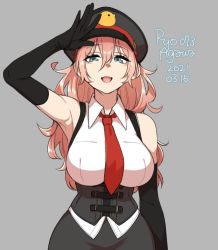 Rule 34 | 1girl, 2021, agawa ryou, arm up, armpits, artist name, bare shoulders, black gloves, commentary, dated, elbow gloves, gloves, green eyes, grey background, hat, long hair, looking at viewer, necktie, open mouth, original, pink hair, red necktie, signature, simple background, smile, solo, wide hips