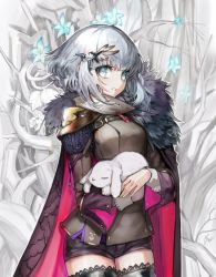 Rule 34 | 1girl, animal, armor, black thighhighs, blue eyes, blue hair, brown jacket, brown shorts, cape, copyright request, cowboy shot, hair ornament, highres, holding, holding animal, jacket, long sleeves, looking at viewer, mins (minevi), parted lips, rabbit, short hair, short shorts, shorts, solo, thighhighs, thorns