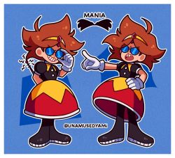 Rule 34 | 1girl, antennae, black footwear, boots, dr. eggman, dress, eggette, facial hair, glasses, gloves, highres, looking at viewer, mustache, open mouth, pointing, pointing forward, puffy short sleeves, puffy sleeves, shirt, short sleeves, simple background, skirt, smile, sonic (series), spiked hair, twitter username, unamused, unamusedyams, white gloves