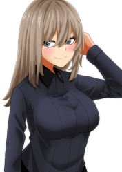 Rule 34 | 1girl, blue eyes, blush, closed mouth, commentary, dress shirt, girls und panzer, grey shirt, hand in own hair, highres, insignia, itsumi erika, kuromorimine school uniform, long sleeves, looking at viewer, medium hair, natsume mina, school uniform, shirt, silver hair, simple background, smile, solo, upper body, white background, wing collar