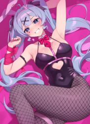 Rule 34 | 1girl, animal ears, arm strap, arm up, armpits, blue eyes, blue hair, blush, detached collar, fake animal ears, fishnet pantyhose, fishnets, grin, hair ornament, hairband, hatsune miku, highres, iwbitu, leotard, long hair, looking at viewer, lying, nail polish, necktie, on back, pantyhose, pink nails, pink necktie, playboy bunny, purple leotard, purple pantyhose, rabbit ears, rabbit hole (vocaloid), smile, solo, teardrop facial mark, teeth, thighs, twintails, white hairband