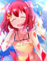 Rule 34 | 10s, 1girl, ^ ^, closed eyes, day, dress, closed eyes, flower, hair flower, hair ornament, highres, kurosawa ruby, love live!, love live! school idol festival, love live! sunshine!!, nishisannico, open mouth, petals, red hair, sky, smile, solo, sundress, twintails, two side up