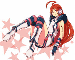 Rule 34 | 1girl, ahoge, bad id, bad pixiv id, boots, gloves, headphones, headset, joints, kneehighs, long hair, red eyes, red hair, robot joints, sf-a2 miki, shibasaki shouji, smile, socks, solo, striped clothes, striped socks, striped thighhighs, thighhighs, vocaloid