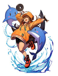 Rule 34 | 1girl, absurdres, anchor, bike shorts, cabbie hat, dolphin, fingerless gloves, gloves, guilty gear, guilty gear strive, hat, hat ornament, highres, holding, holding anchor, hood, hoodie, hungry clicker, jacket, may (guilty gear), orange footwear, orange hat, orange hoodie, orange jacket, orange shirt, shirt, simple background, skull and crossbones, skull hat ornament, solo, white background