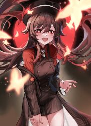 Rule 34 | 1girl, black hat, black nails, breasts, brown hair, brown suit, coat, coat on shoulders, flower, flower-shaped pupils, formal, genshin impact, hat, highres, hu tao (genshin impact), hu tao (oneplus) (genshin impact), jacket, jacket on shoulders, long hair, long sleeves, looking at viewer, medium breasts, necktie, open mouth, pencil skirt, pinstripe pattern, pinstripe skirt, plum blossoms, red eyes, red shirt, red stripes, shirt, skirt, smile, solo, striped, suit, symbol-shaped pupils, twintails, vest, white necktie, woopsi9