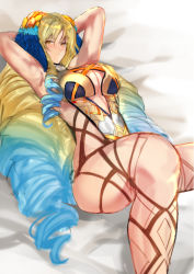 Rule 34 | 1girl, aqua hair, armpits, arms behind head, arms up, astraea (fate), bare shoulders, big hair, blonde hair, blush, breasts, cleavage, closed mouth, drill hair, fate/grand order, fate (series), gold trim, gradient hair, hair ornament, jikihatiman, knees up, large breasts, leotard, long hair, looking at viewer, luviagelita edelfelt, lying, multicolored hair, on back, parted bangs, quad drills, sideless outfit, solo, thighs, very long hair, yellow eyes, yellow leotard