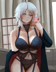 Rule 34 | 1girl, black coat, blue eyes, bra, breasts, cellphone, coat, collarbone, dudeunderscore, faust (project moon), garter straps, holding, holding phone, large breasts, limbus company, lingerie, long sleeves, navel, panties, phone, project moon, short hair, solo, underwear, white hair