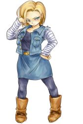 Rule 34 | 1girl, android 18, black shirt, blonde hair, blue eyes, boots, dragon ball, dragonball z, earrings, expressionless, female focus, full body, hand on own hip, hand on own face, jewelry, long sleeves, looking away, pantyhose, shirt, short hair, simple background, skirt, solo, thighhighs, tkgsize, waistcoat, white background