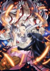 Rule 34 | 2girls, ahoge, anime coloring, arm up, belt, black hair, black sky, blouse, blue sky, blush, bow, breasts, buttons, collared shirt, commentary request, feathers, fingernails, fire, flying, frills, fujiwara no mokou, full moon, grey belt, grey bow, grey eyes, grey hair, hair bow, hand on another&#039;s head, hand up, hands up, houraisan kaguya, juliet sleeves, long fingernails, long hair, long sleeves, looking at another, lunamoon, medium breasts, moon, multicolored bow, multiple girls, night, night sky, open mouth, pants, pink shirt, puffy long sleeves, puffy sleeves, purple sky, red bow, red eyes, red pants, shirt, sky, smile, star (sky), starry sky, suspenders, touhou, white bow