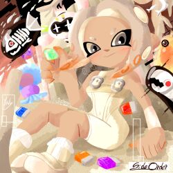 Rule 34 | 1girl, agent 8 (splatoon), bodysuit, brown hair, closed mouth, commentary request, copyright name, dark-skinned female, dark skin, eyelashes, full body, gradient hair, grey eyes, grey hair, highres, jelleton, looking at viewer, marching andante, masukaraido, medium hair, multicolored hair, nintendo, octoling, octoling girl, octoling player character, pearl drone (splatoon), school of fish, shoes, sitting, sleeveless, sleeveless bodysuit, smile, socks, splatoon (series), splatoon 3, splatoon 3: side order, swarming languendo, tentacle hair, thick eyebrows, two-tone hair, white bodysuit, white footwear, white socks