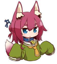 Rule 34 | 1girl, :o, alternate eye color, alternate hair color, animal ear fluff, animal ears, bell, blue collar, blue eyes, blush, bow, collar, commentary request, fox ears, fox girl, fox tail, green shirt, hair between eyes, hair bow, hair ornament, jingle bell, kemomimi-chan (naga u), long hair, long sleeves, looking at viewer, naga u, neck bell, necktie, orange necktie, original, parted lips, red hair, sailor collar, shirt, short eyebrows, short necktie, sidelocks, simple background, sleeves past fingers, sleeves past wrists, solo, tail, tail raised, thick eyebrows, upper body, white background, white sailor collar