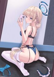 Rule 34 | 1girl, absurdres, alternate costume, ass, blonde hair, blue archive, blue bow, blue bowtie, blue bra, blue eyes, blue hair, blue halo, blue panties, blush, bow, bowtie, bra, braid, breasts, cellphone, commentary request, garter belt, halo, highres, holding, holding phone, indoors, lingerie, long hair, looking at viewer, maid headdress, medium breasts, multicolored hair, no shoes, o-ring, o-ring bottom, o-ring panties, panties, parted lips, phone, smartphone, soles, solo, streaked hair, tatsumi yashiro, teeth, thighhighs, thong, toes, toki (blue archive), turning head, underwear, underwear only, unworn bowtie, very long hair, white thighhighs