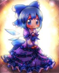Rule 34 | 1girl, alternate costume, ayakashi (monkeypanch), bad id, bad pixiv id, blue dress, blue eyes, blue hair, blush, bow, brooch, cirno, dress, frilled dress, frills, hair bow, ice, ice wings, jewelry, matching hair/eyes, short hair, smile, solo, sparkle, touhou, wings