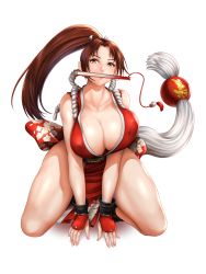 Rule 34 | 1girl, breasts, brown eyes, brown hair, cleavage, collarbone, covered erect nipples, dress, fatal fury, floral print, folded fan, folding fan, full body, gloves, hair tie, hand fan, high ponytail, highres, huge breasts, japanese clothes, kurone rinka, large breasts, long hair, looking at viewer, mouth hold, ninja, obi, parted bangs, pelvic curtain, ponytail, red dress, revealing clothes, rope, sash, shiranui mai, sleeveless, snk, solo, squatting, the king of fighters, thighs, white background