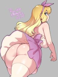 Rule 34 | 1girl, agawa ryou, ass, ass focus, back, blonde hair, blue eyes, bottomless, breasts, frilled skirt, frills, from behind, from below, huge ass, large breasts, long hair, looking at viewer, looking back, no panties, original, skirt, sleeveless, solo, thick thighs, thighhighs, thighs, upskirt