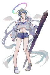 Rule 34 | 1girl, angel wings, bare legs, black gloves, blue bra, blue hair, blue shorts, bra, character request, copyright request, detached wings, fingerless gloves, full body, gloves, grey hoodie, hairband, halo, highres, hood, hood down, hoodie, kahadu nizikai, long sleeves, looking at viewer, mary janes, no navel, open hand, parted lips, shoes, shorts, simple background, solo, standing, stomach, stylus, tachi-e, underwear, white background, white footwear, wings, yellow eyes, yellow hairband