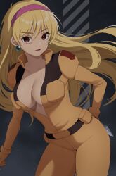 Rule 34 | 1girl, arm behind back, belt, belt pouch, black belt, blonde hair, bodysuit, breasts, brown eyes, campbell xx, commentary request, cowboy shot, dagger, earrings, floating hair, gundam, hair between eyes, hairband, highres, holding, holding dagger, holding knife, holding weapon, jewelry, katejina loos, knife, large breasts, leaning to the side, long hair, looking at viewer, orange bodysuit, parted lips, pilot suit, pink hairband, pouch, smile, solo, spacesuit, very long hair, victory gundam, weapon