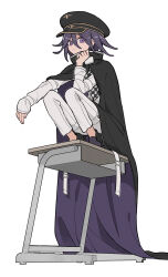 Rule 34 | 1boy, black cape, black headwear, cape, checkered clothes, checkered scarf, danganronpa (series), danganronpa v3: killing harmony, desk, expressionless, full body, hair between eyes, highres, long sleeves, looking at viewer, male focus, oma kokichi, on desk, purple eyes, purple hair, scarf, school desk, short hair, solo, squatting, straitjacket, white background, xiao (grsnss25)