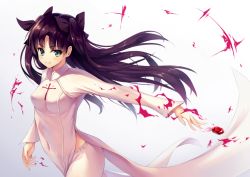 Rule 34 | 1girl, blood, breasts, brown hair, covered navel, cowboy shot, cross, fate/stay night, fate (series), floating hair, green eyes, hair ribbon, long hair, long sleeves, looking at viewer, medium breasts, oukatihiro, outstretched arm, pants, ribbon, simple background, smile, solo, tohsaka rin