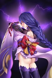 Rule 34 | 1girl, armor, ass, backless outfit, bare back, black thighhighs, blush, braid, breasts, bright pupils, clothes lift, electricity, flower, genshin impact, hair flower, hair ornament, highres, human scabbard, japanese clothes, kimono, large breasts, long hair, looking at viewer, low-braided long hair, low-tied long hair, matrix16, nail polish, no panties, obi, purple eyes, purple flower, purple hair, purple kimono, purple nails, purple thighhighs, raiden shogun, sash, shoulder armor, skirt, skirt lift, solo, thighhighs, very long hair