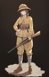 Rule 34 | 1girl, absurdres, black hair, bolt action, carcano, commentary, commission, english commentary, full body, goggles, goggles on headwear, gun, hand on own hip, helmet, highres, holding, holding gun, holding weapon, italy, long hair, military, military uniform, original, pith helmet, pixiv commission, puttees, rifle, simple background, solo, unicron (brous), uniform, weapon, weapon request, world war ii