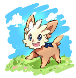 Rule 34 | animal focus, artist name, blue eyes, blue sky, blush, border, cloud, creatures (company), day, full body, game freak, gen 5 pokemon, grass, happy, ka ei volltis, light blush, lillipup, looking at viewer, nintendo, no humans, open mouth, outdoors, pokemon, pokemon (creature), signature, sketch, sky, smile, solo, standing, tongue, twitter username, white border