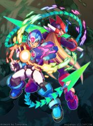 2boys arm_cannon armor asymmetrical_dual_wielding back-to-back black_eyes blonde_hair blue_armor blue_helmet dual_wielding energy_blade energy_sword forehead_jewel full_body green_eyes helmet highres holding holding_whip long_hair male_focus mega_man_(series) mega_man_zero_(series) multiple_boys red_armor red_helmet sword tomycase weapon x_(mega_man) z_saber zero(z)_(mega_man) zero_(mega_man) zoom_layer